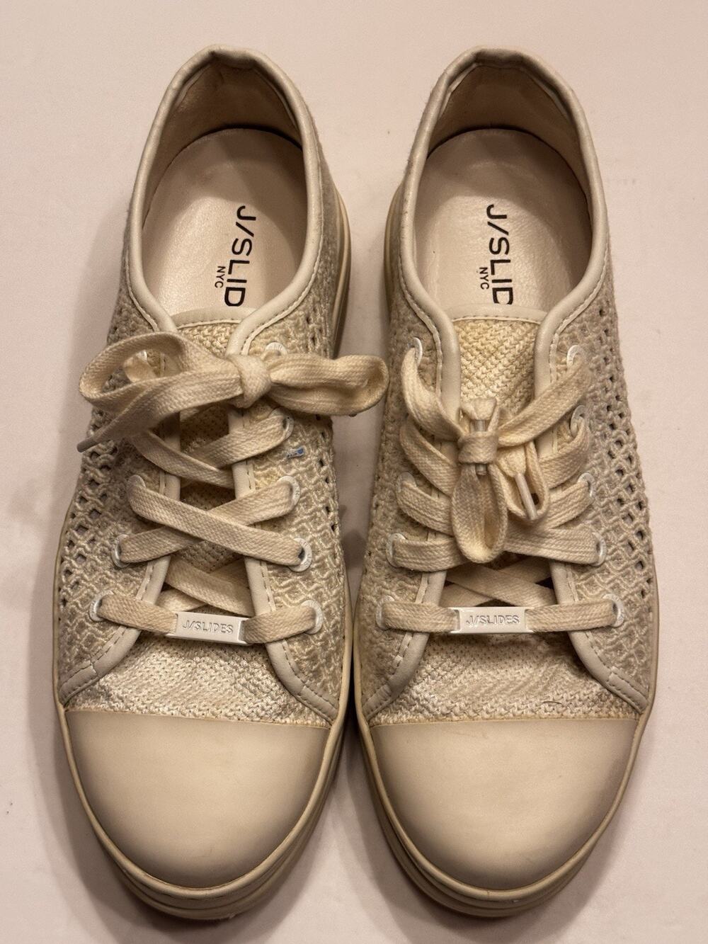 Size 7 J/Slides NYC Womens White Knit Platform Sneakers Suede Trim Lace Up Shoes